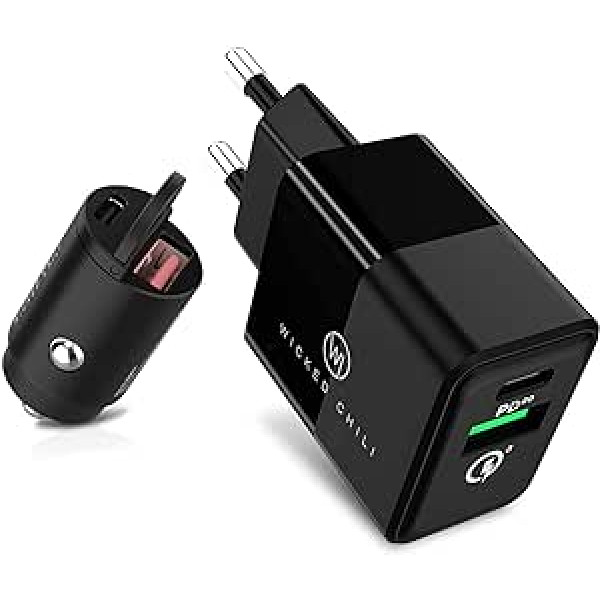 Wicked Chili 20 W duālais USB barošanas avots un 30 W automašīnas USB lādētājs, kas ir savietojams ar iPhone 14, 13, 12, 11 (Pro, Max, Plus, Mini) XS, X, 8 SE 2020 un piemērots Samsung Galaxy — 50 W ātrās uzlādes komplekts