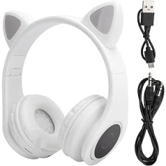 Yunseity Cat Ear Kids Bluetooth austiņas ar mikrofonu, LED apgaismojums bērnu austiņām, TF atbalsta karte, aiz auss salokāmas bērnu austiņas meitenēm, zēniem, pieaugušajiem (baltas)