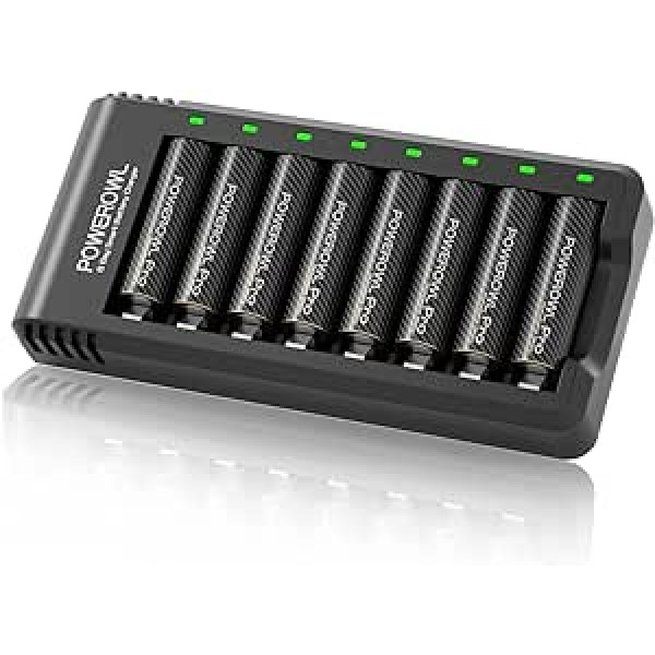 POWEROWL AA Battery PRO ar 8 nodalījumu akumulatora lādētāju, Goldtop augstas ietilpības 2800 mAh uzlādējamas baterijas AA — 8 pack.