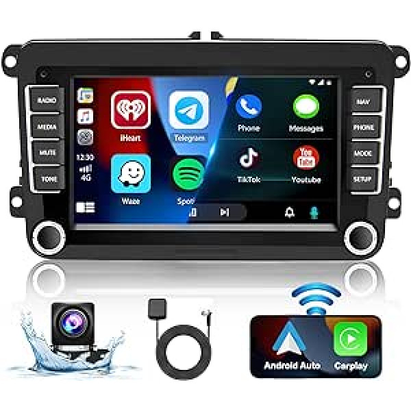 Hikity Android automašīnas radio ar navigāciju Carplay Android Car priekš VW Golf 5 6 Passat Tiguan Polo, 7 collu skārienekrāna automašīnas radio Double DIN ar ekrāna atpakaļgaitas kameru WiFi BT FM USB Canbus