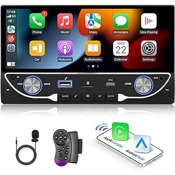 CAMECHO Carplay dubultā DIN automašīnas radio ar 6,86 collu ekrānu, Bluetooth brīvroku sistēmu, bezvadu Android Car Mirror Link FM, AUX/TF/C tipa atbalstu un USB + stūres tālvadības pulti