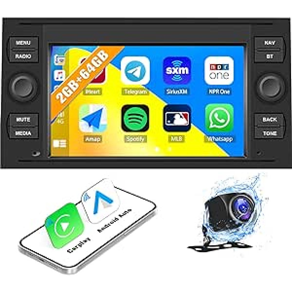 2G + 64G CAMECHO Android 13 automašīnas radio ar navigācijas sistēmu priekš Ford Focus Transit S-Max C-Max Kuga Mondeo, dubultā DIN automašīnas radio ar Carplay Android Car, 7 collu ekrānu RDS/FM Bluetooth un USB+