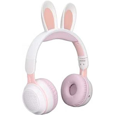 ASHATA salokāmas Bluetooth 5.0 austiņas ar mikrofonu, Cute Rabbit Auss, Bezvadu, Austiņas uz ausīm zaļiem bērniem, pusaudžiem, pieaugušajiem, 12 stundu klausīšanās laiks, TF/Aux, iebūvētas 7 (balti rozā)