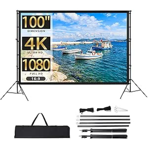 Projekcijas ekrāns ar 100 collu statīvu, HD 4K āra iekštelpu projektora ekrāns, ātri salokāms pārnēsājams filmas ekrāns 16: 9, pilns komplekts, mājas kinozālei, kempingiem un atpūtas pasākumiem