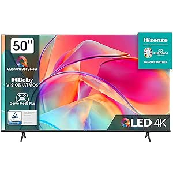 Hisense 50E7KQ 126 cm (50 collu) televizors, 4K UHD, QLED, Smart TV, HDR, Dolby Vision, trīskāršs uztvērējs DVB-C/S/S2/T/T2, bez rāmja, WiFi, Bluetooth, iebūvēts Alexa, Atmos, Viesnīcas režīms, melns [2023]