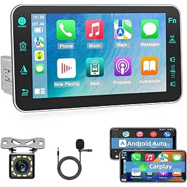 Podofo Car Radio 1 DIN ar Apple Carplay Android Car 8 collu skārienekrānu, noņemamu ekrānu automašīnas stereo radio displejs ar Bluetooth 5.0, FM/AM/RDS radio, spoguļa saiti + atpakaļgaitas kameru un mikrofonu