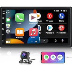 NHOPEEW Double DIN automašīnas radio ar Apple Carplay un Android Car 7 collu 2,5 D kapacitatīvā skārienekrāna automašīnas radio ar atpakaļgaitas kameru un Bluetooth atbalsta spoguļa saiti