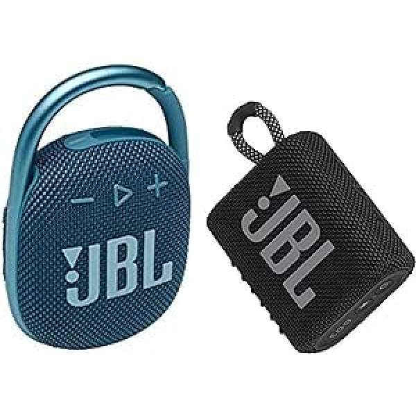 JBL Clip 4 Bluetooth skaļrunis zilā krāsā — ūdensizturīgs, pārnēsājams mūzikas kastīte ar praktisku karabīni — līdz pat 10 stundām bezvadu mūzikas straumēšanas un GO 3 maza Bluetooth kaste melnā krāsā