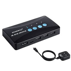 TCNEWCL KVM slēdzis HDMI 4 ports, 4K USB HDMI slēdzis 4 datoriem, 1 HD monitors un 3 USB ierīces, tastatūras peles printera atbalsts, ar tālvadības pulti un 2-in-1 kabeli