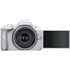 Canon EOS R50 sistēmas kamera + RF-S 18-45 ir STM objektīvs — bezspoguļkamera (digitālā kamera ar automātisko fokusu un motīvu atpazīšanu Eyes Animals Vehicles, 4K videokamera, 15 kadri sekundē) Balts