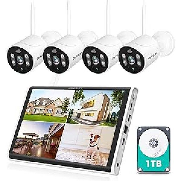 DIHOOM 2K bezvadu drošības kameru sistēma ar 10 collu monitoru, 4 pack 3MP WiFi CCTV IP kamerām ar divvirzienu audio, nakts redzamības kustību un personas noteikšanu, lietotņu un e-pasta paziņojumu