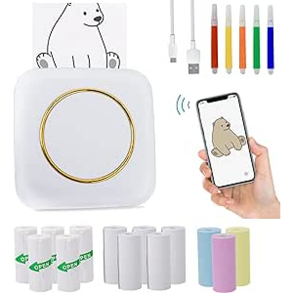 Mini printeris viedtālrunim, Bluetooth printera mobilā tālruņa termoprinteris, uzlīmju printeris ar 14 ruļļiem printera papīra pildspalvām, pārnēsājams mini printeris, bezvadu kabatas printeris žurnālam, saraksts, piezīme,