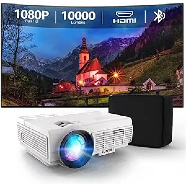 Sunys Bluetooth mini projektors, 10000 Lux 1080P HD pilna pārnēsājamais projektors, LED mājas kinozāļu video projektors, kas saderīgs ar planšetdatoru/personālo datoru/PS4/Firestick, ar USB/HDMI/AV, 150 collu projektors āra/mājās