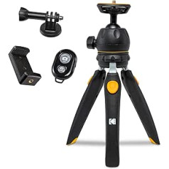 KODAK PhotoGear mini statīvs ar tālvadības pulti, 360° lodgalva, kompakts 9 collu galda statīvs, 11 collu pašbildes nūja, 5 pozīciju kājas, gumijas pēdas, viedtālruņa un darbības kameras adapteris, iekļauts e-ceļvedis