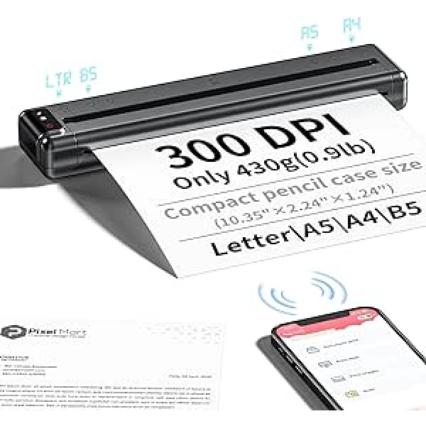 PhoFuta Q302 Mini Tragbarer Thermodrucker, 300DPI Drucker Ohne Tinte, Unterstützt US Letter/A4/B5/A5 termopapīrs, WiFi darbība, Bluetooth, USB