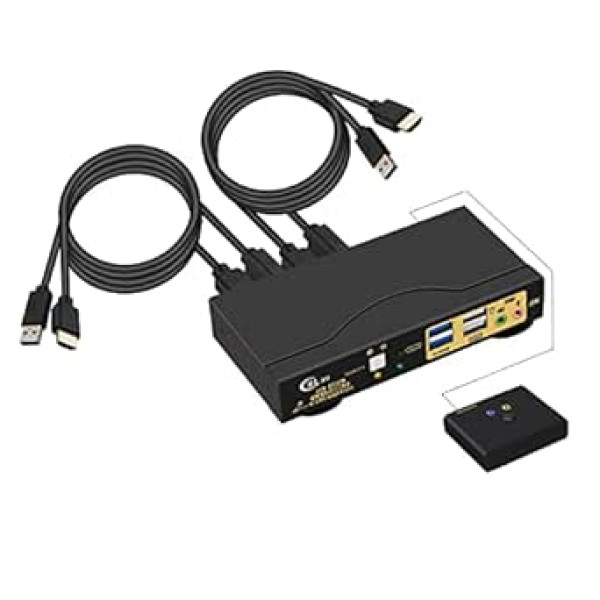 CKLau 2 ports USB 3.0 HDMI 2.1 KVM slēdzis 8K @ 60Hz 4K @ 144Hz ar audio izvadi un kabeļiem, 2 datori 1 monitors video tastatūra pele perifērijas koplietošanas slēdža kaste