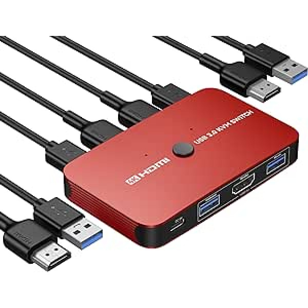 ABLEWE KVM Switch, Aluminum KVM Switch HDMI, USB Switch for 2 Computers, Mouse Sharing, Supports 4K@60Hz, 2 HDMI Cables and 2 USB Cables Included (Red)