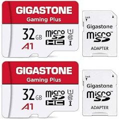 Gigastone Gaming Plus 32 GB MicroSDHC atmiņas karšu komplekts ar 2 un SD adapteris, darbības kameras un droni, lasīšanas ātrums līdz 90 MB/s, Full HD video ierakstīšana, Micro SD karte UHS-I A1 U1 Class 10