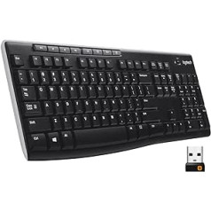 Logitech K270 bezvadu tastatūra, 2,4 GHz savienojums, izmantojot USB Unifying uztvērēju, 8 multivides un Schortcut taustiņi Nešļakata, 2 gadu akumulatora darbības laiks, vācu QWERTY izkārtojums — melns