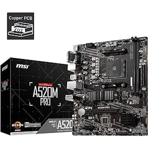 MSI A520M PRO spēļu mātesplate (AMD AM4, DDR4, PCIe 4.0, SATA 6Gb/s, Dual M.2, USB 3.2 Gen 1, HDMI/DP, Micro-ATX)