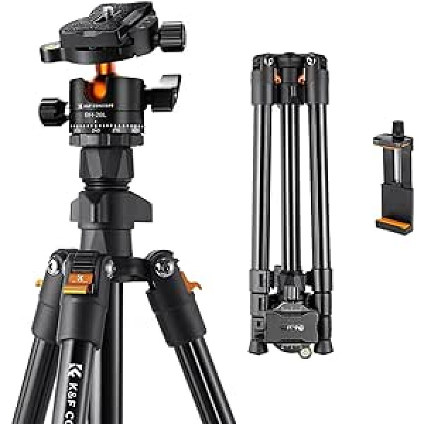 K&F Concept K234A0 Mobile Phone Tripod with CNC BH-28L Ball Head, 163 cm Camera Tripod, Tripod for Travel, Tripod for Smartphone with Mobile Phone Holder, Aluminium Travel Tripod, Maximum Load 10 kg