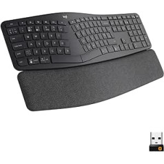 Logitech K860 ERGO — bezvadu ergonomiska tastatūra ar dalītu taustiņu izkārtojumu, plaukstas balstu un regulēšanu dabiskai rakstīšanai Windows/Mac, Bluetooth, USB uztvērējs, Lielbritānijas QWERTY izkārtojums, grafīts