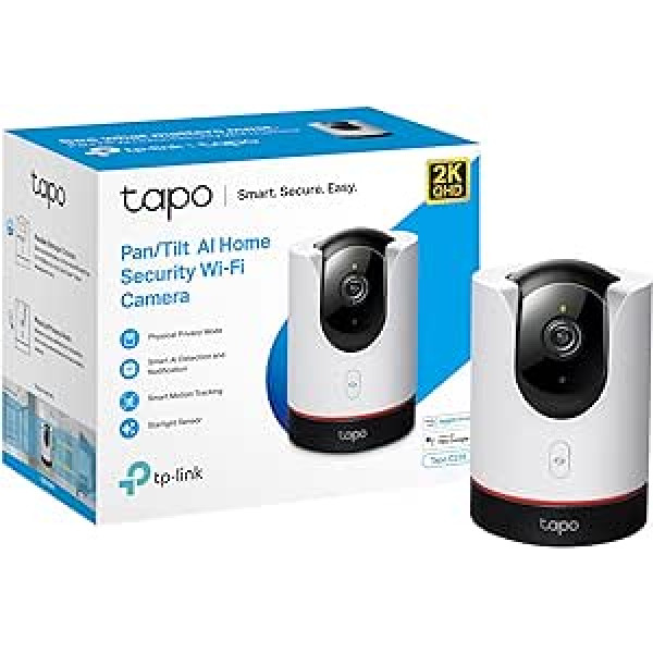 TP-Link Tapo 2K QHD Pan/Tilt drošības kamera, AI noteikšana, privātums, zvaigžņu gaismas sensors, divvirzienu audio, 4MP, mākoņa un SD kartes krātuve, darbojas ar Alexa un Google Home (Tapo C225)