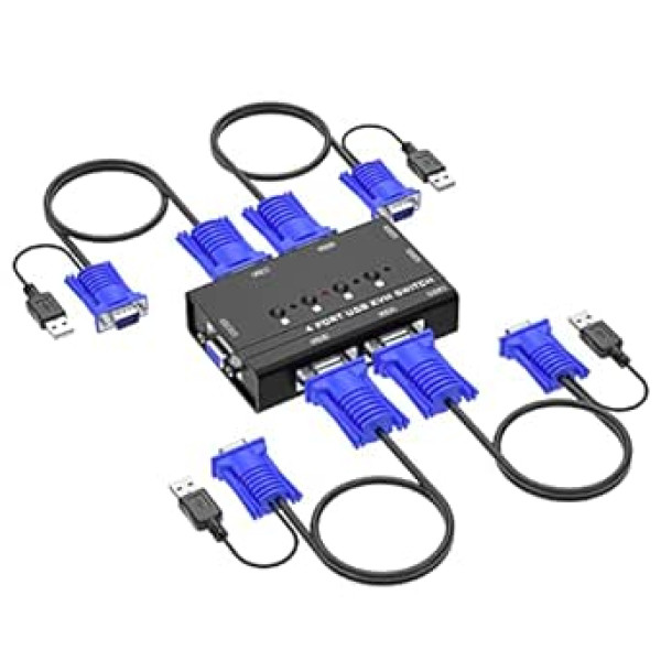 Yinker VGA KVM slēdzis 4 portu VGA KVM slēdzis tastatūras peles USB skaļrunim ar KVM kabeli