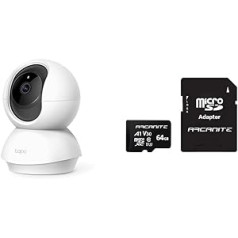 Tapo TP-Link C200 360° WiFi iekštelpu novērošanas kamera, FHD 1080P & ARCANITE 64GB MicroSDXC atmiņas karte ar adapteri - A1, UHS-I U3, V30, 4K, lasīšanas ātrums līdz 90 MB/s