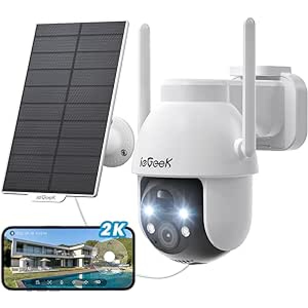 ieGeek 2K 3MP HD āra saules novērošanas kamera, 360° PTZ novērošanas kamera, āra akumulators, 2,4 GHz WLAN kamera ar PIR kustības sensoru, krāsu nakts redzamība, divvirzienu audio, mākoņa/SD krātuve, IP65