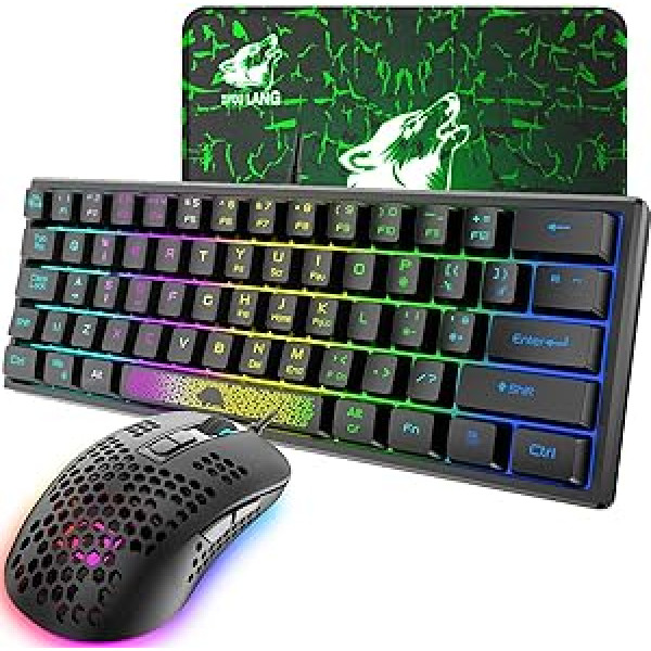 Mini RGB 60% spēļu tastatūras peles komplekts, QWERTY vadu pārnēsājama mini tastatūra ar 62 taustiņiem, 7 RGB LED fona apgaismojums + 2400 DPI īpaši viegla spēļu pele + peles paklājiņš datoru spēlētājiem - melns