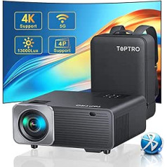 Projektors, Full HD 1080P TOPTRO TR22 mājas kinozāles 4K projektors, 13000 lūmeni 5G WiFi Bluetooth projektors 4P/4D Keystone korekcijas LED video projektors savietojams ar viedtālruni/TV Stick/PS5/PPT, 50%