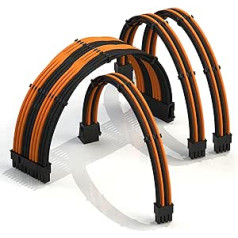 LINKUP - 30cm Super Soft & Flexible Power Supply Cable With Extension Sleeves, Custom Mod for GPU PC, Braided With Comb Kit, 1x 24 P (20+4), 1x 8 P (4+4) CPU, 2x 8 P (6+2) GPU Set, 300mm -Orange Black