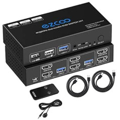 HDMI KVM Switch Dual Monitor 4K 60Hz USB 3.0 2 porti ar Hotkey 18Gbps HDCP2.3 2x HDMI Extended Display Share 2 PC with one Keyboard Mous HDR D-olby Vision VRR IR tālvadības pults