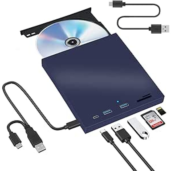 „Arozxin“ išorinis CD/DVD įrenginys Išorinis DVD/CD įrašymo įrenginys USB 3.0 ir C tipo su SD/TF kortelių skaitytuvu ir USB, DVD-ROM, CD-RW, VCD, skirtas Windows 7/8/10/Vista/XP/Mac OS, Nešiojami kompiuteriai, staliniai kompiuteriai