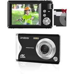 Andoer digitālā kamera 4K, kompakta kamera FHD 1080P 48MP 3,0 collu TFT ar 16X digitālo tālummaiņu ar divām baterijām bērniem, pieaugušajiem, meitenēm, zēniem (melns)