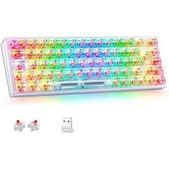 TECURS mehāniskā tastatūra, RGB spēļu bezvadu tastatūra ar caurspīdīgu datora tastatūras vāciņu, 65% TKL tastatūra QWERTZ (vācu izkārtojums) ar sarkanu slēdzi personālajam datoram/MAC/iPad/klēpjdatoram/Xbox One