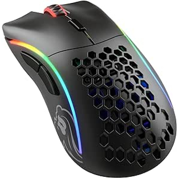 Glorious Gaming Model D bezvadu spēļu pele — īpaši viegla 69 g, 2,4 GHz radio bez aizkaves, akumulators līdz 71 stundai, RGB apgaismojums, BAMF sensors, ergonomiska, 6 pogas — matēti melns