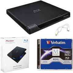 Systor Pioneer BDR-XD07B pārnēsājams ārējais 6 virzienu Blu-ray rakstītāju komplekts ar 100 GB M-DISC BDXL un USB kabeli — ieraksta CD DVD, BD DL BDXL diskus