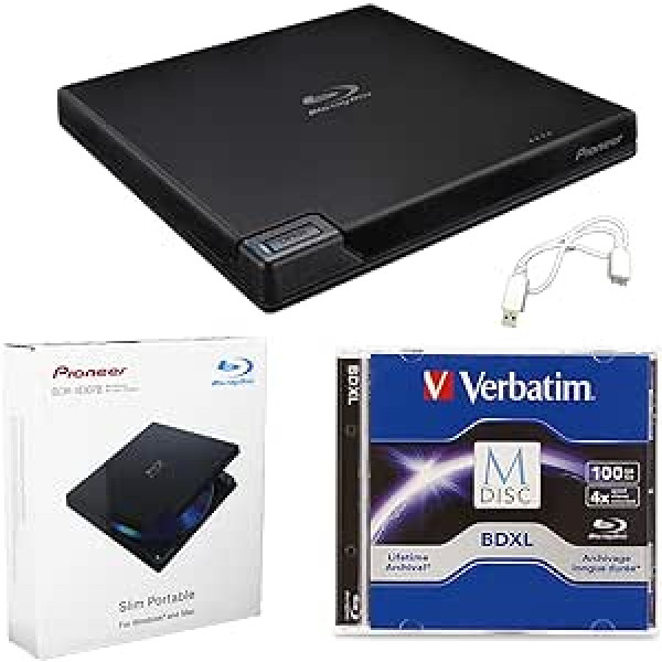 Systor Pioneer BDR-XD07B pārnēsājams ārējais 6 virzienu Blu-ray rakstītāju komplekts ar 100 GB M-DISC BDXL un USB kabeli — ieraksta CD DVD, BD DL BDXL diskus