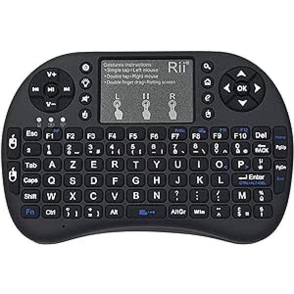 Rii i8+ Mini Wireless (AZERTY) aizmugurgaismota ergonomiskā tastatūra ar skārienpaliktni — Raspberry 3/4, SmartTV, Mini PC, HTPC, konsole, personālajam datoram