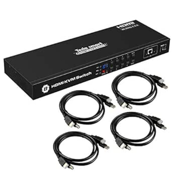 TESmart HDMI KVM Switch 8 Port 4K 60Hz 8 in 1 Out Rack Mount Switch ar 4 x 1,5 m KVM kabeli, USB 2.0 ierīces 8 portu ievades vadība līdz 8 datoriem/serveriem, RS232, LAN porta vadības slēdzis, HDCP2.2