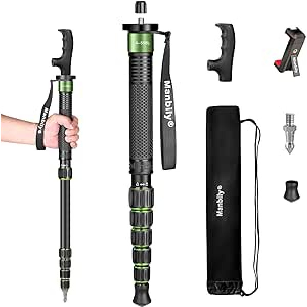 Manbily Monopod Camera 168 cm Hiking Poles Aluminium Travel Monopod Portable Compact Lightweight with Walking Stick Handle Carry Bag Load Capacity of 7 kg for DSLR Camera Video Camera (A-555L) Green