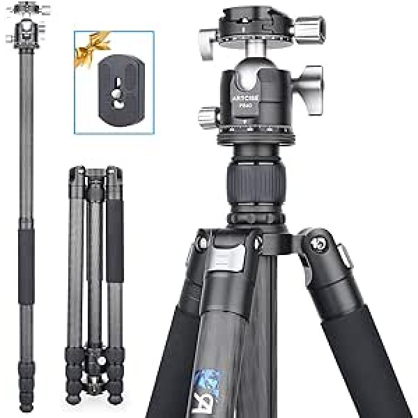 ARTCISE AS85C Carbon Fiber Tripod Professional High Performance Tripod Monopod Dual Panoramic CNC Ball Head for DSLR Camera Camcorder Max Height 184.5cm Max Load 25kg