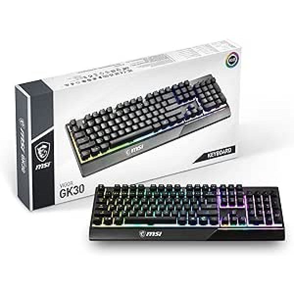 MSI Vigor GK30 spēļu tastatūra (vācu izkārtojums) QWERTZ — mehāniski membrānas slēdži, ūdensnecaurlaidīgi, RGB Mystic Light, apgaismojuma un multivides karstie taustiņi, neslīdoša spēļu bāze, apzeltīts USB 2.0 — pilna izmēra