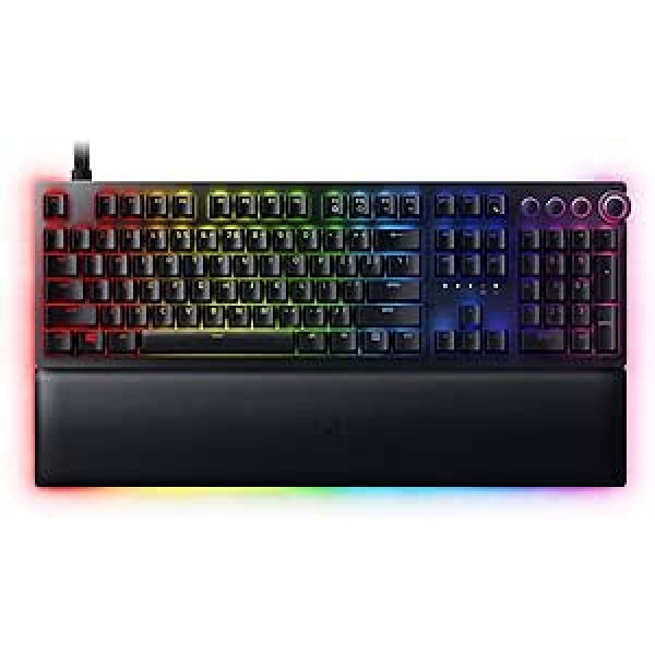 Razer Huntsman V2 analogās spēļu tastatūras analogie optiskie slēdži - hroma RGB apgaismojums - plīša magnētiskais plaukstas balsts - īpaši multivides taustiņi un ciparnīca - klasisks melns