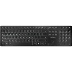 CHERRY KW 9100 SLIM belaidė klaviatūra, JAV tarptautinis išdėstymas, QWERTY klaviatūra, pasirenkamas Bluetooth arba belaidis ryšys, SX žirklinis mechanizmas, įkraunama per USB kabelį, plokščia, juoda / sidabrinė