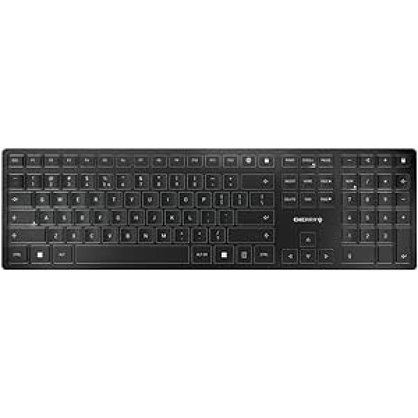 CHERRY KW 9100 SLIM belaidė klaviatūra, JAV tarptautinis išdėstymas, QWERTY klaviatūra, pasirenkamas Bluetooth arba belaidis ryšys, SX žirklinis mechanizmas, įkraunama per USB kabelį, plokščia, juoda / sidabrinė