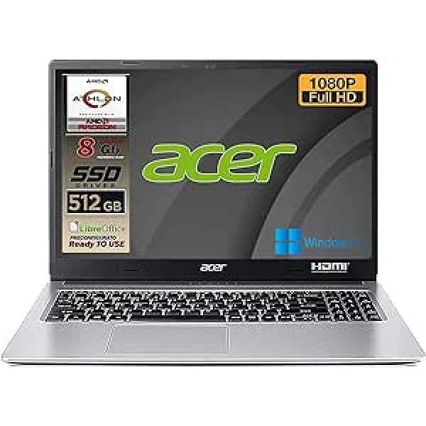 Acer Athlon 3050u, RAM, 8 GB Ddr4, 256 GB SSD M.2 dators + 1 TB, 15,6 collu Full HD displejs, tīmekļa kamera, USB, HDmi, bt, Win10 Pro, bezmaksas birojs, izkārtojums un garantija ia