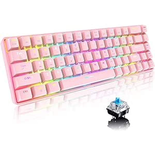 60% C tipa mehāniskā spēļu tastatūra ar vadu 68 taustiņiem USB tastatūra ar LED fona apgaismojumu 18 hroma RGB fona apgaismojuma taustiņi, pilnībā novēršot spoku veidošanu (rozā/zils slēdzis)